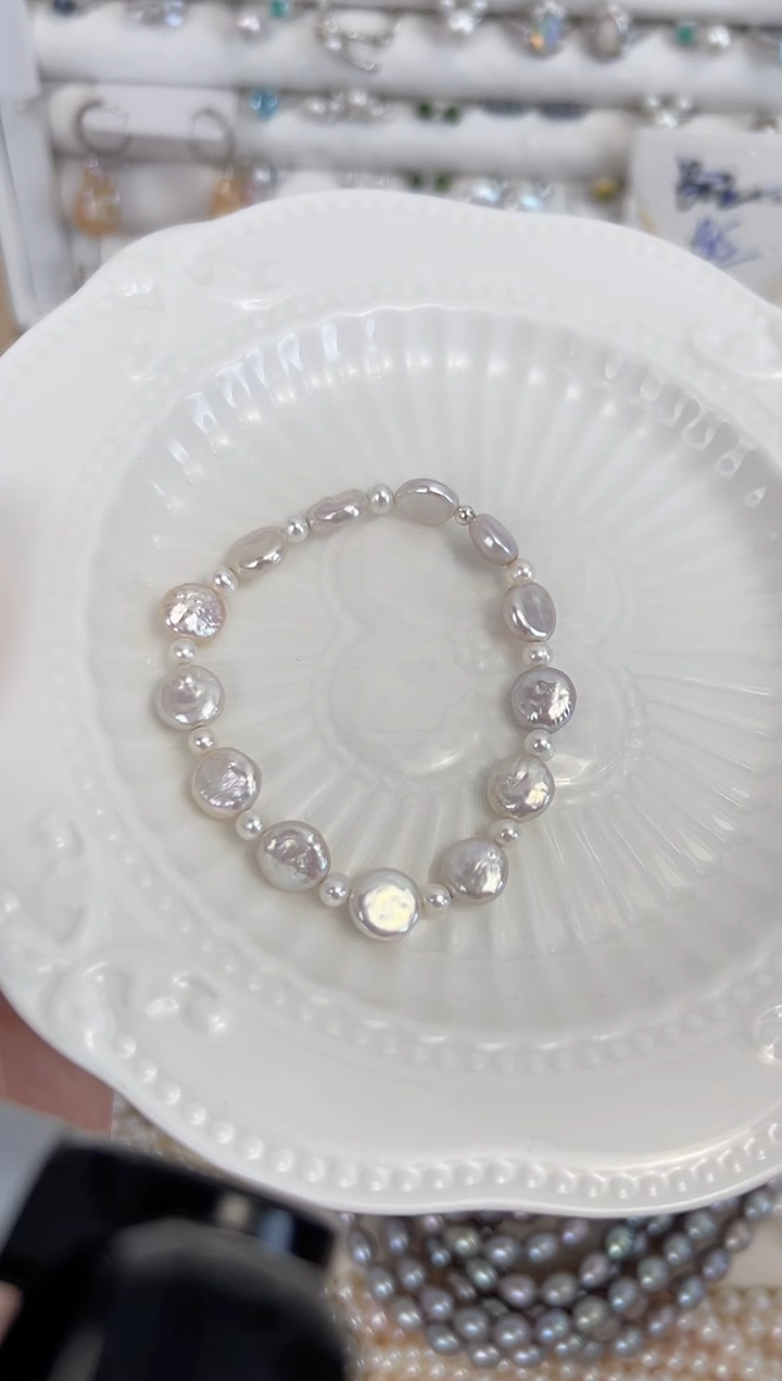 【闪购商品】淡水珍珠手绳银S925镶嵌极光圆饼