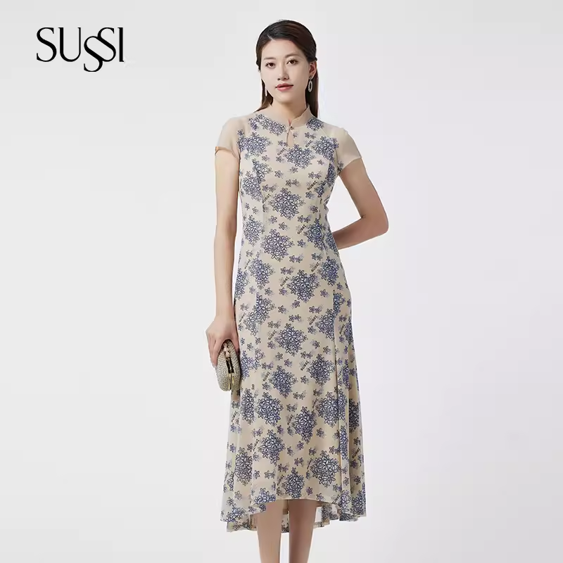 SUSSI/古色夏商场同款杏色弹力针织印花新中式改良旗袍连衣裙女