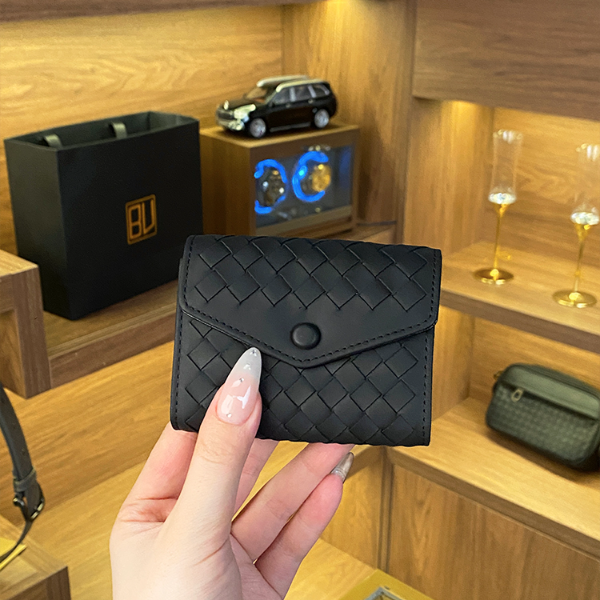 BV头层胎牛皮纯手工编织卡包黑色证件包短款多卡位便携式零钱包