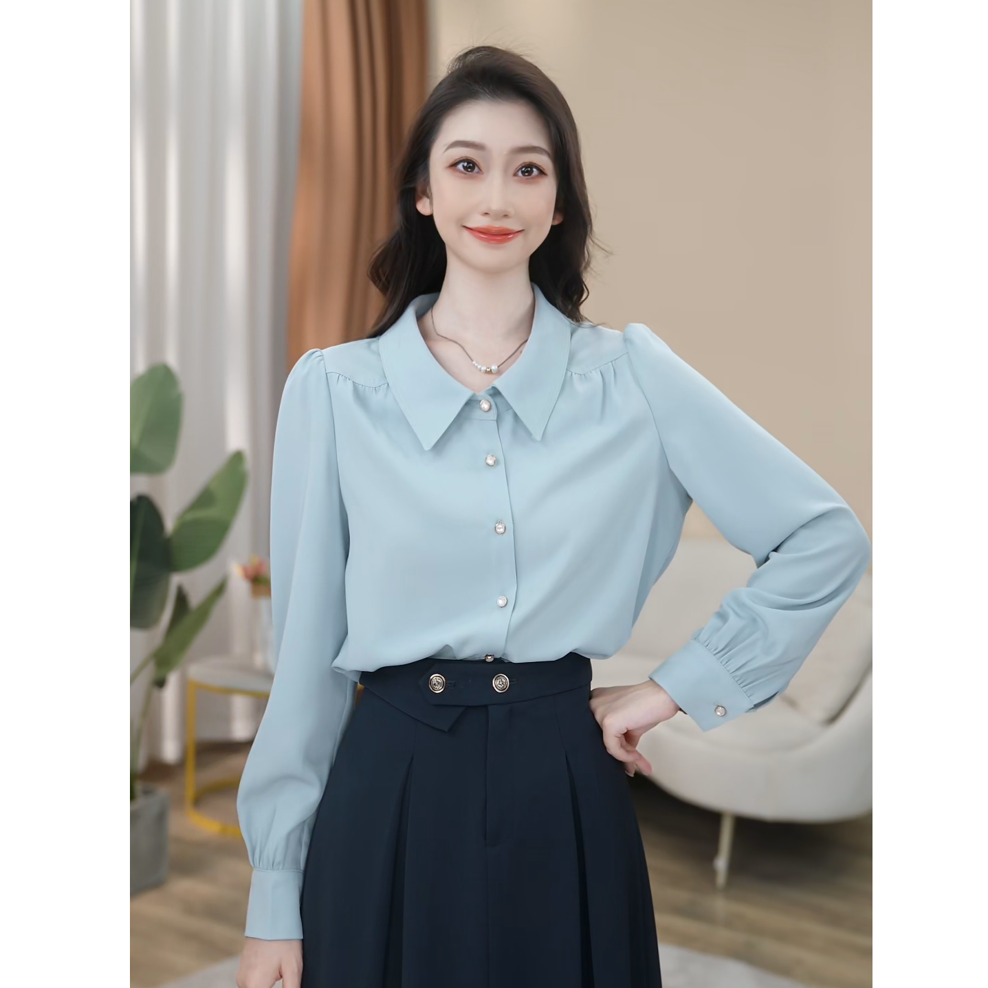 【早鸟价】淡蓝色长袖衬衫女轻奢设计感通勤职业衬衣8593158B【甜甜】