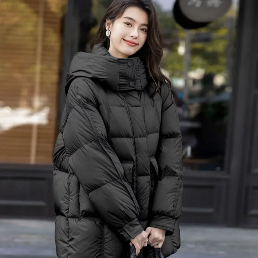 2025新款90白鸭绒女士立领休闲连帽中长款百搭韩版羽绒服886258
