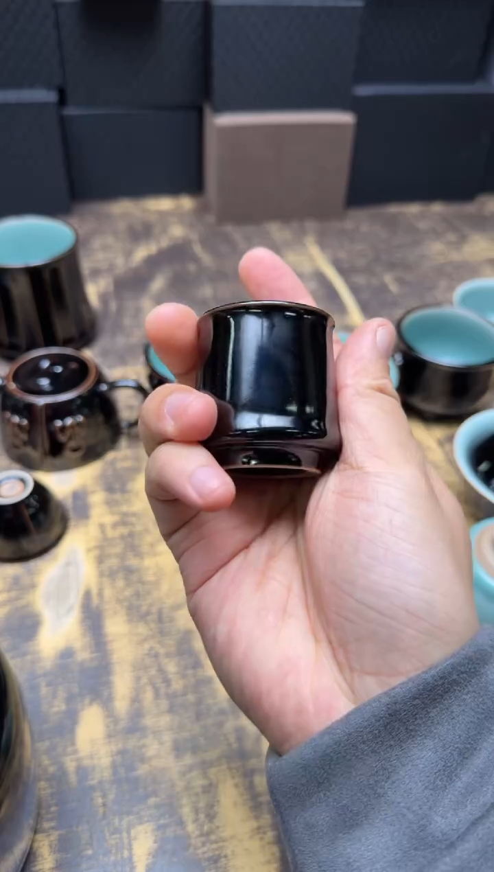 ?***儿黄灿墨玉釉滴岩茶杯