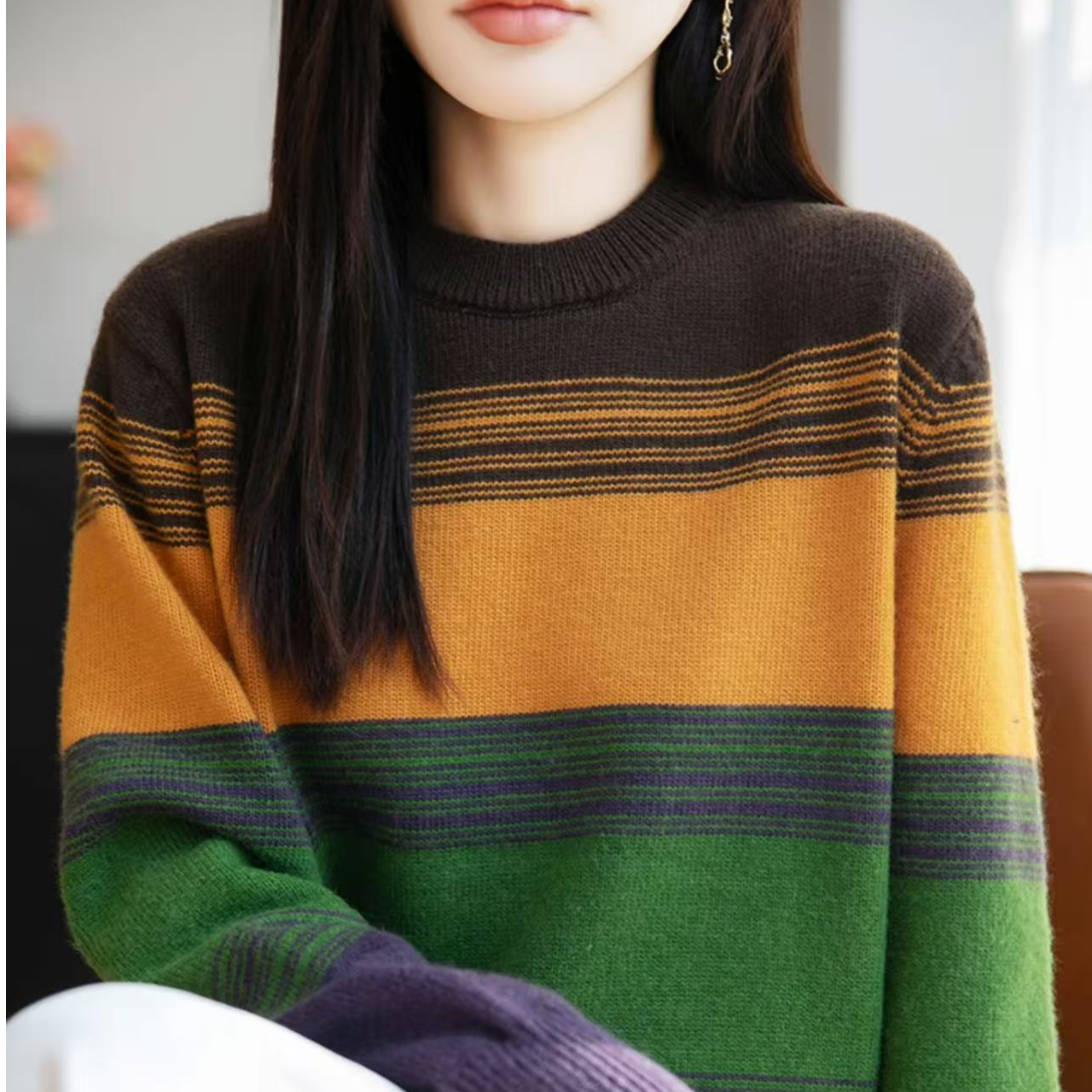 838#新款条纹复古老钱风拼色套头针织衫圆领