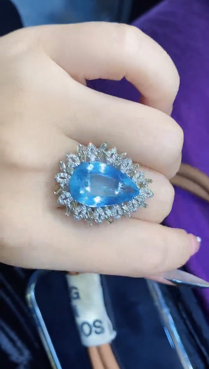 银S925镶嵌戒指定制海蓝宝石楚楚珠宝中古甄选不退换