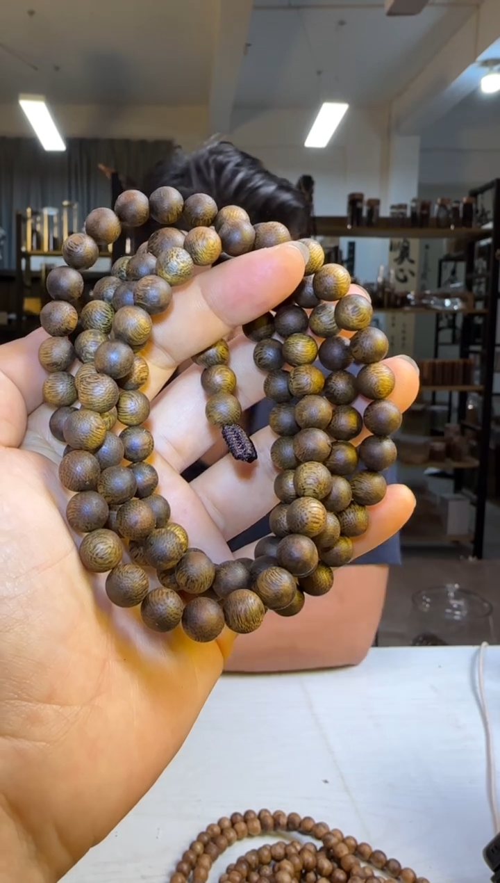 沉香手串沉水浮国香绿棋沉香张勺子正圆珠8mm108颗30g+