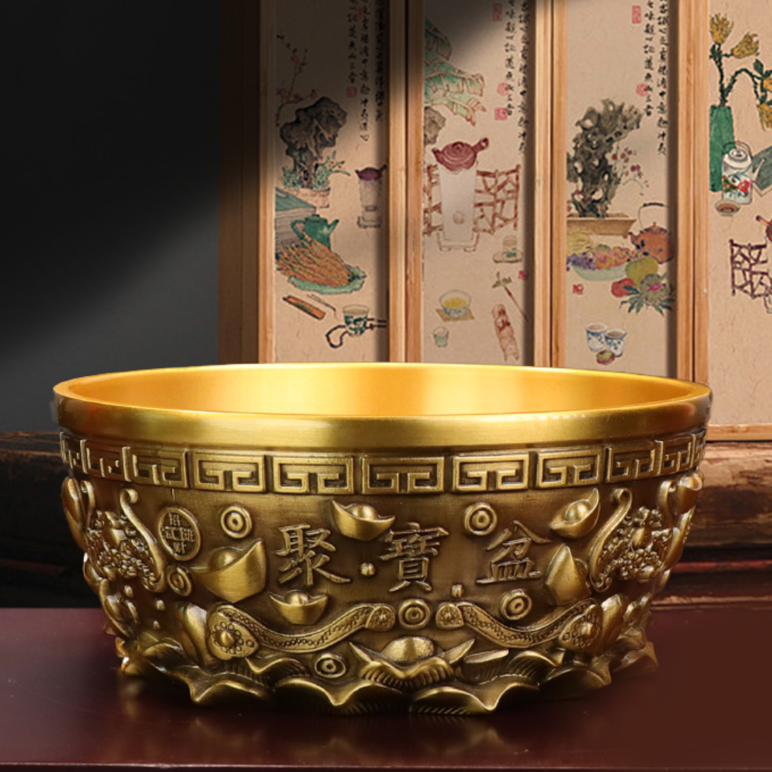 （口径17cm）黄铜纯铜聚泰聚宝盆复古色家居办公装饰寓意摆件