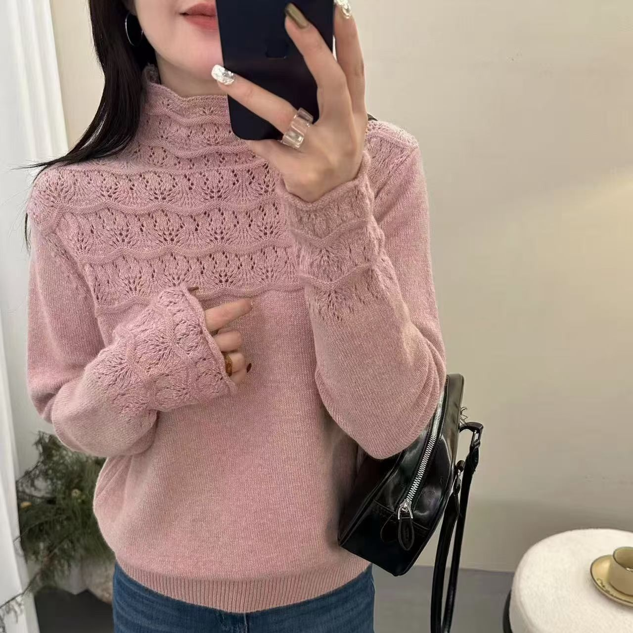 冬季毛针织衫圆领衫常规针织衫针织镂空女打底衫