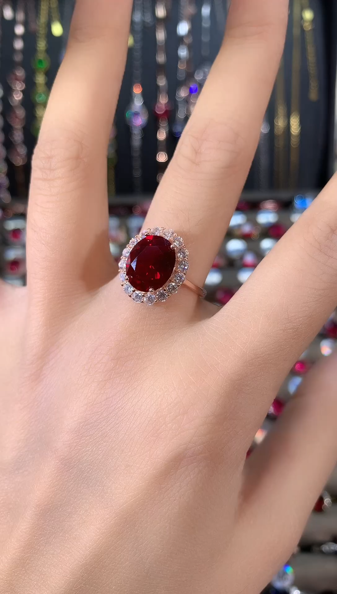 银S925镶嵌戒指红宝石911酒红玫瑰金