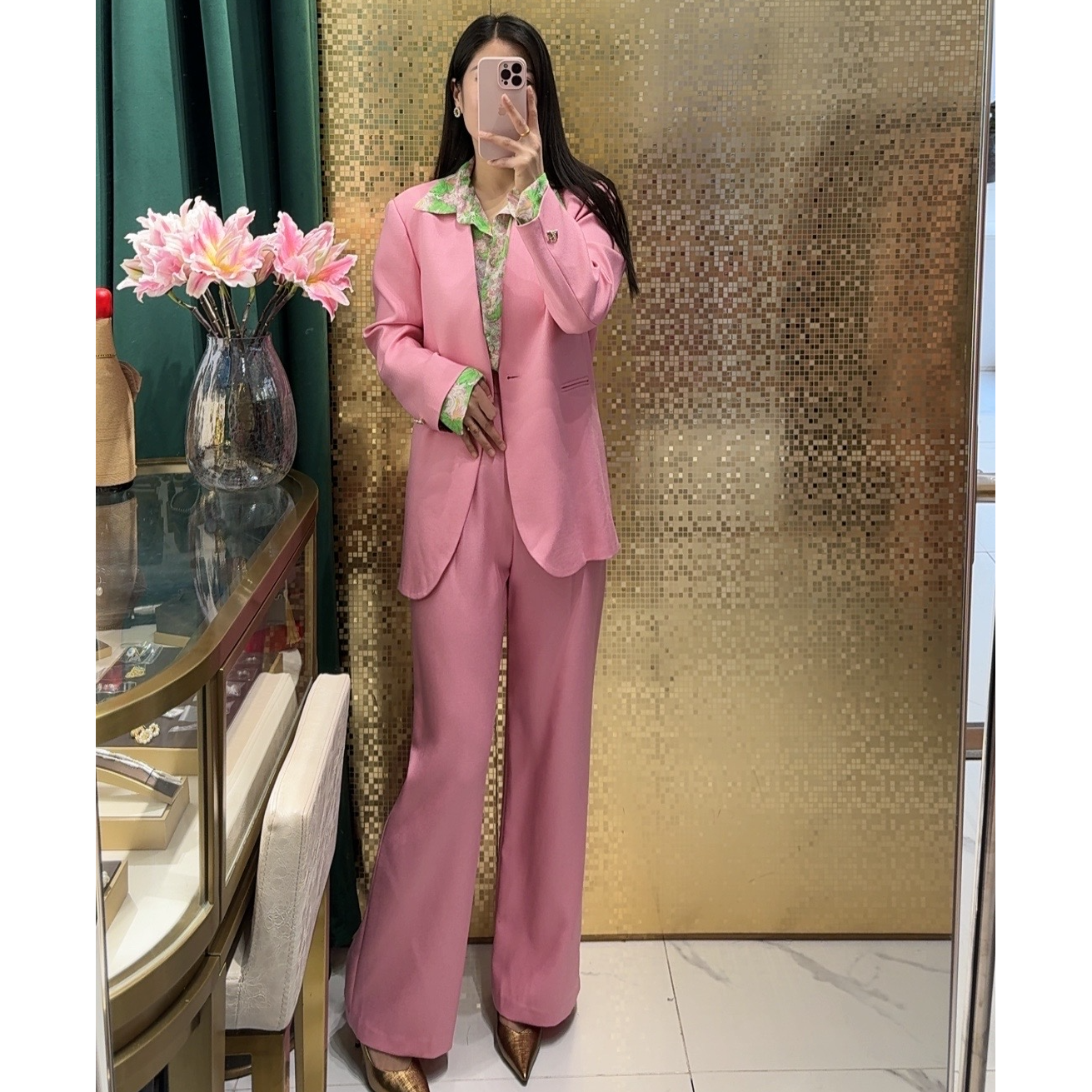 高端时尚气质粉蓝色女套装