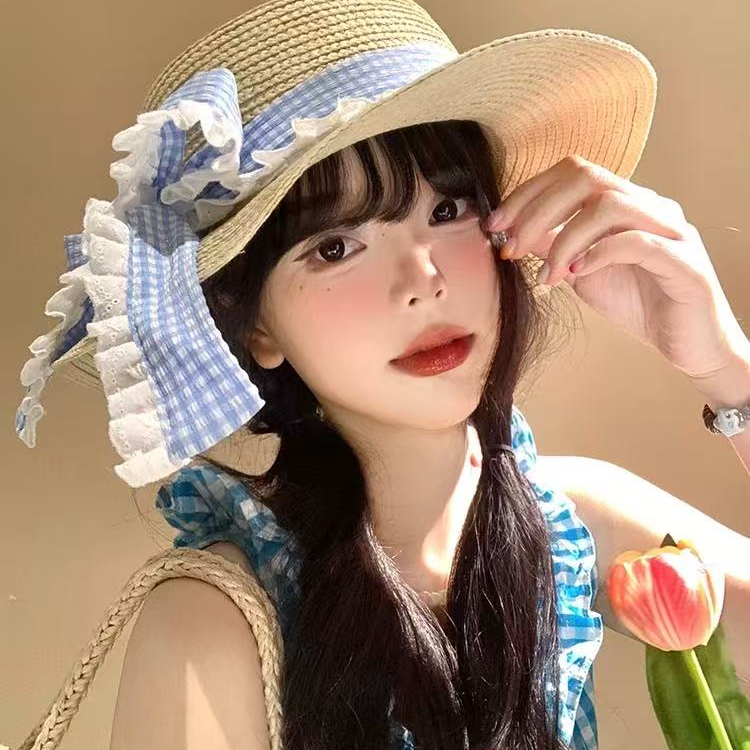 夏季平顶草帽帽子时尚南法度假风草帽百搭夏天沙滩帽韩版空顶帽