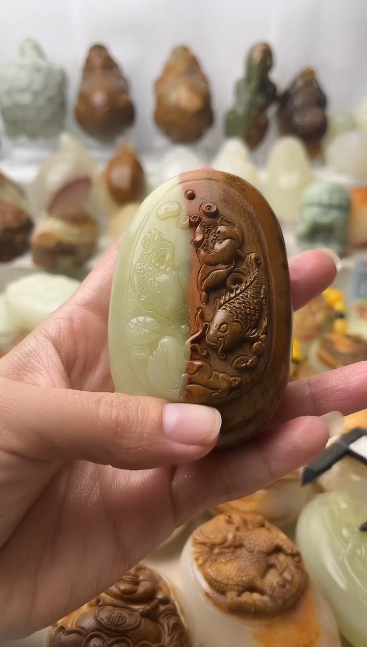 石材古青石棉纹正常不退换荷花鱼