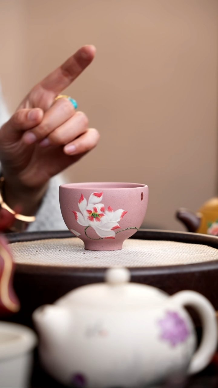 茶壶紫砂粉色小碗杯彩荷  