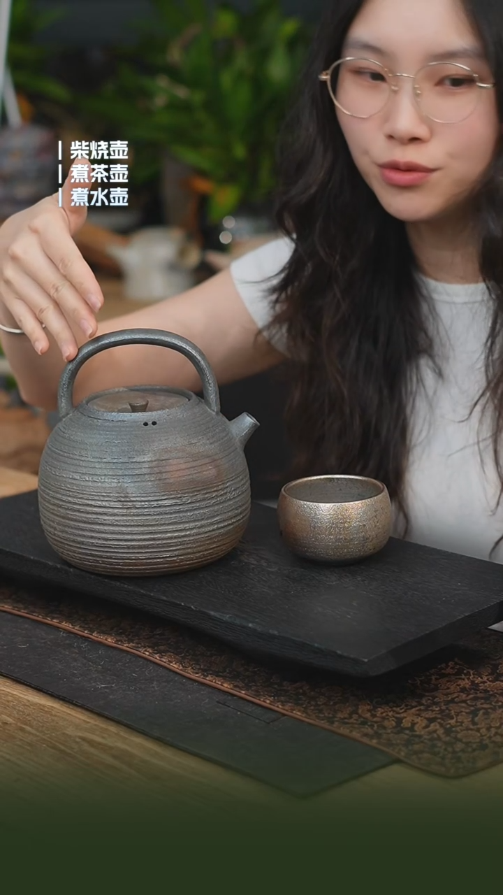 瓷片铁胎柴烧1200cc 一壶一龙窑禅定杯（可备注有字无字）