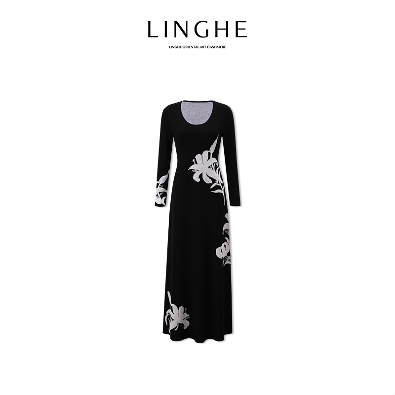 翎禾LINGHE-「后庭花」冬季穿搭显瘦百搭长裙U型领针织羊毛连衣裙