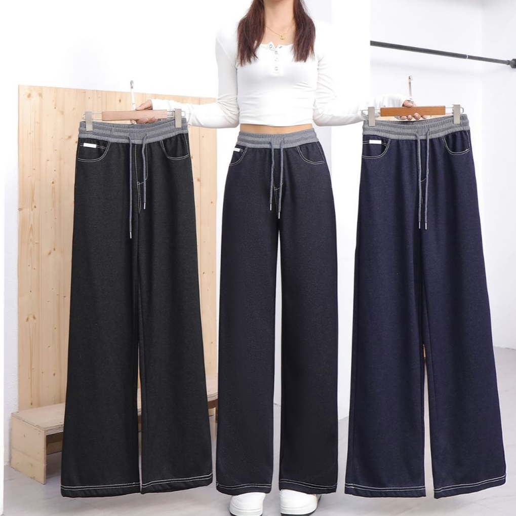 加绒休闲抽绳仿牛仔阔腿厚款直筒裤休闲冬季松紧腰