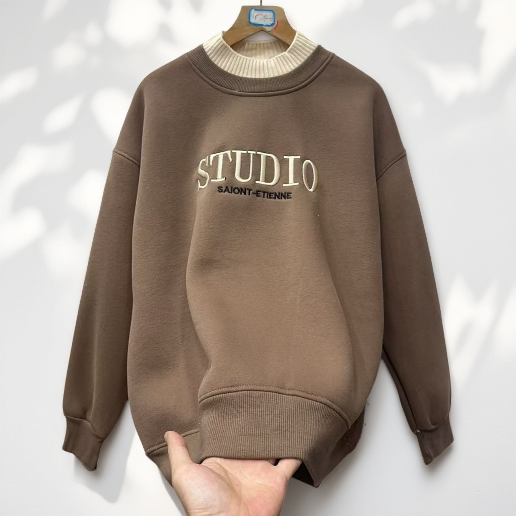 8681#【衣长65左右】秋冬款圆领拼接字母刺绣加绒加厚休闲卫衣