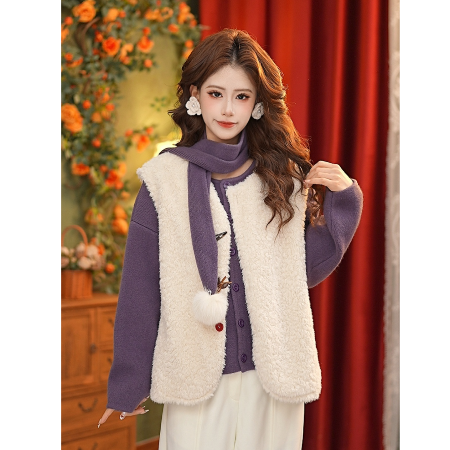 DaYuanSAD【天趣】张嘉圆毛茸茸马夹女短上衣牛角扣无袖马甲#K10353