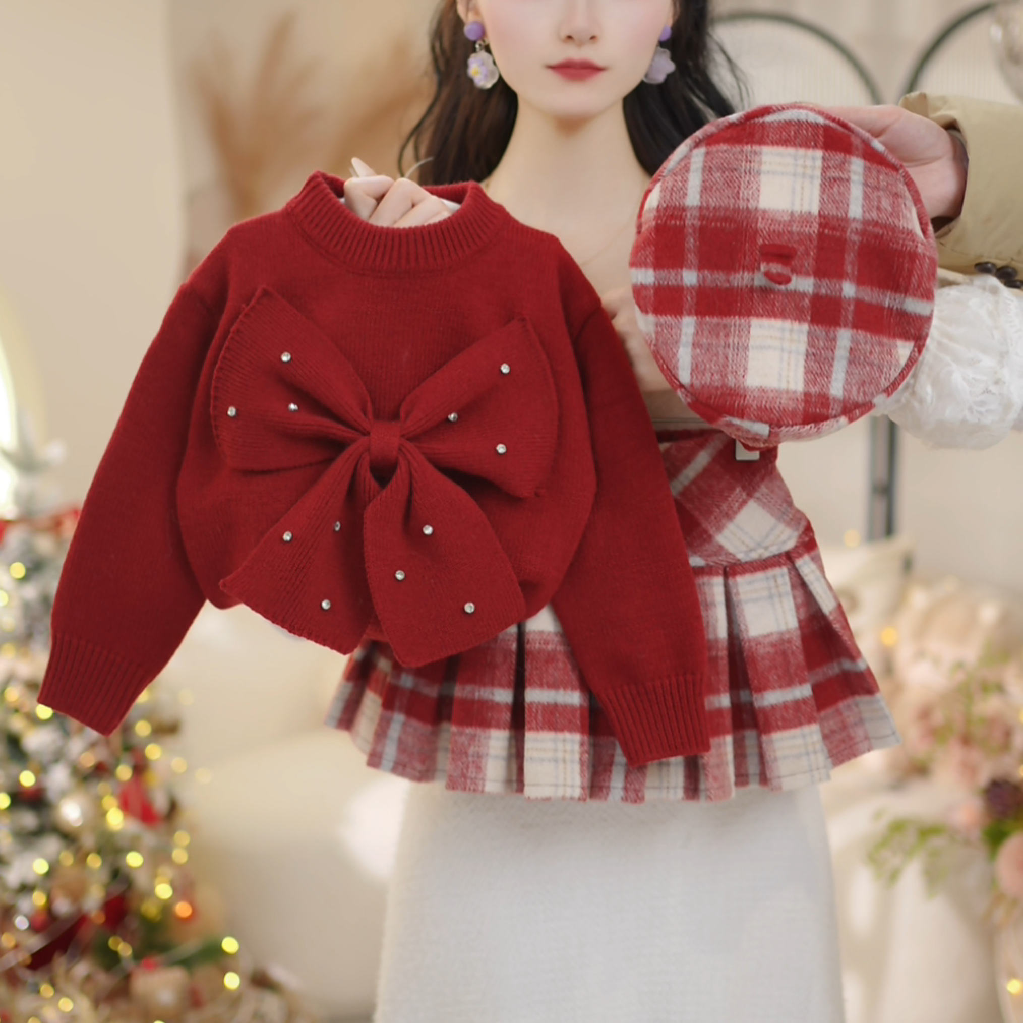 女童2025新款洋气新年红蝴蝶结毛衣➕毛呢格子裙两件套C25190