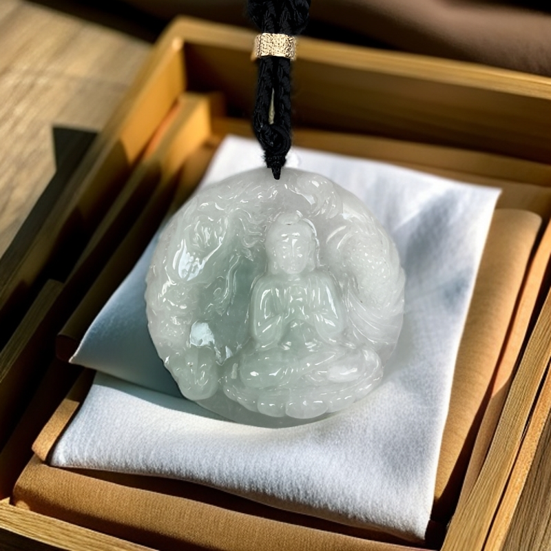 天然缅甸A货翡翠立体精雕圆牌生肖羊猴守护神御龙大日如来玉坠