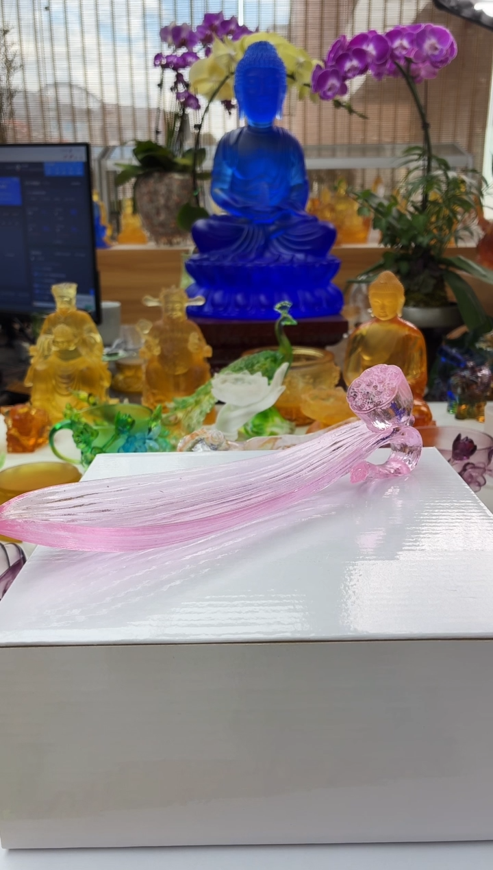 手工艺品琉璃粉色荷叶线香插23*7.5*3.5公分