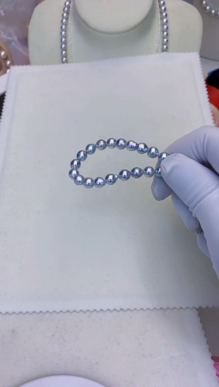 银S925镶嵌海水珍珠饰品6-6.5真多麻色满珠手链·微巴