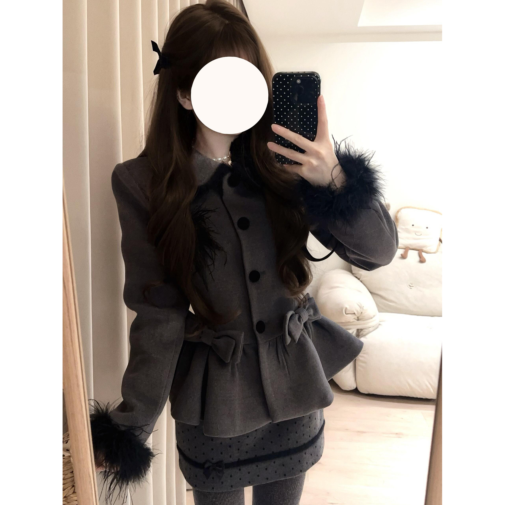 【小美】大码女装千金感穿搭秋冬毛呢收腰外套波点短裙套装13779