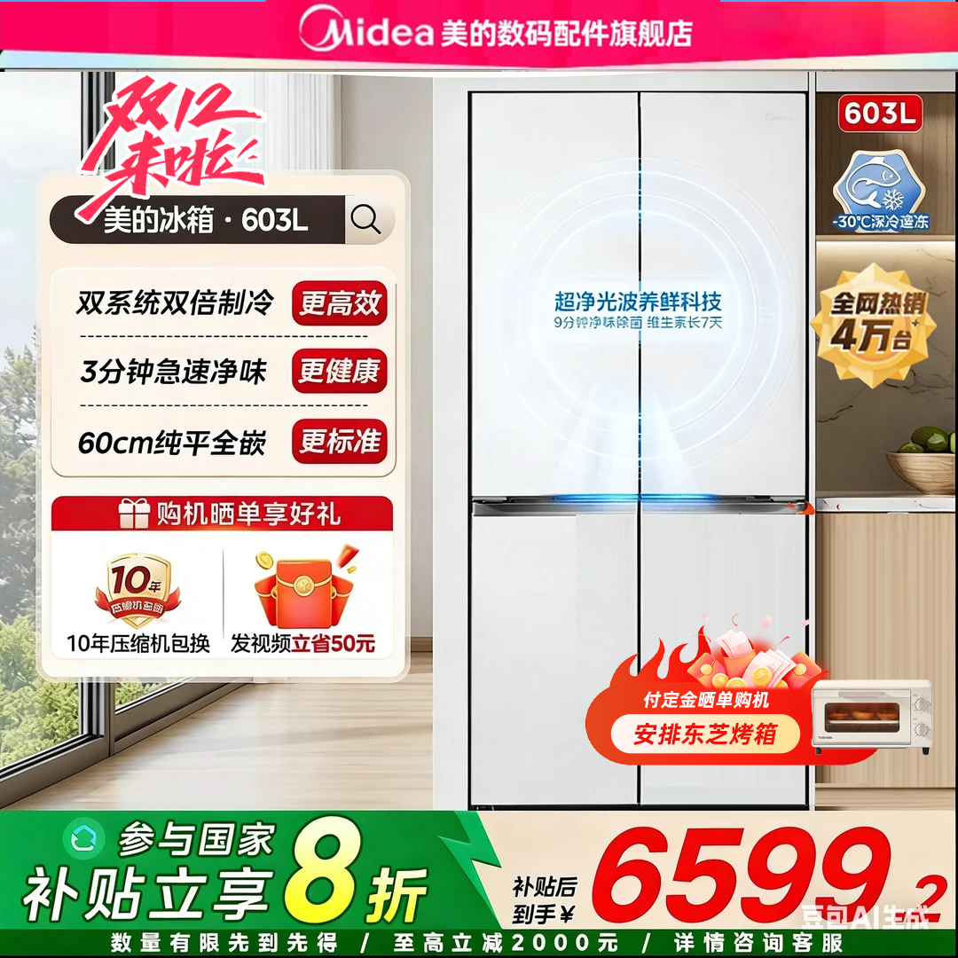 【双十二】美的熊墩墩603超净冰箱超薄零嵌入式十字四门家用大容量