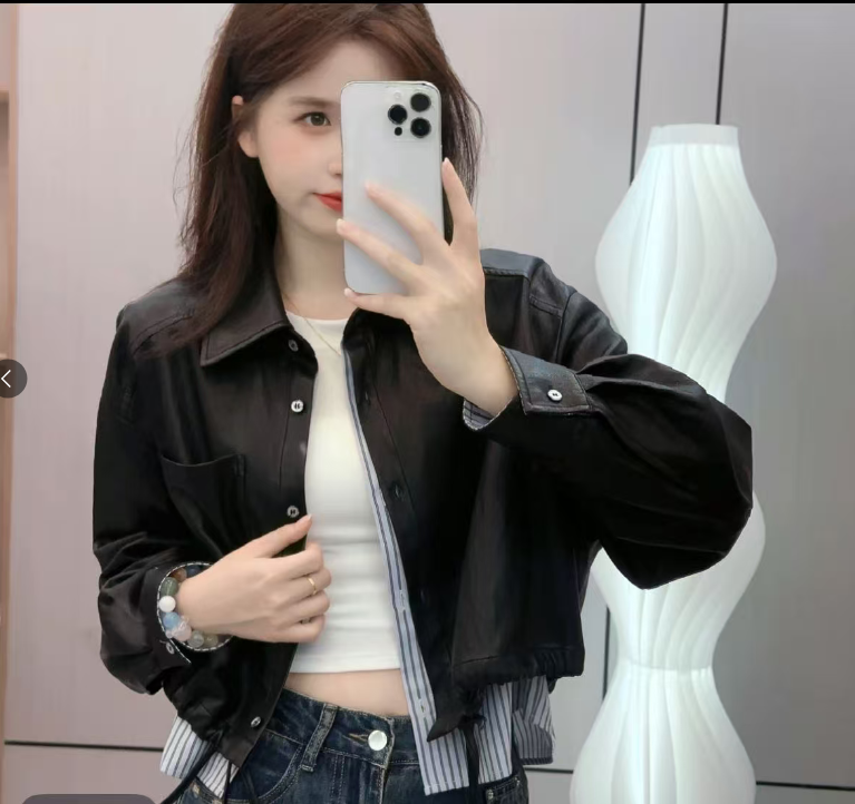 7609 早秋新款假两件抽绳皮衣