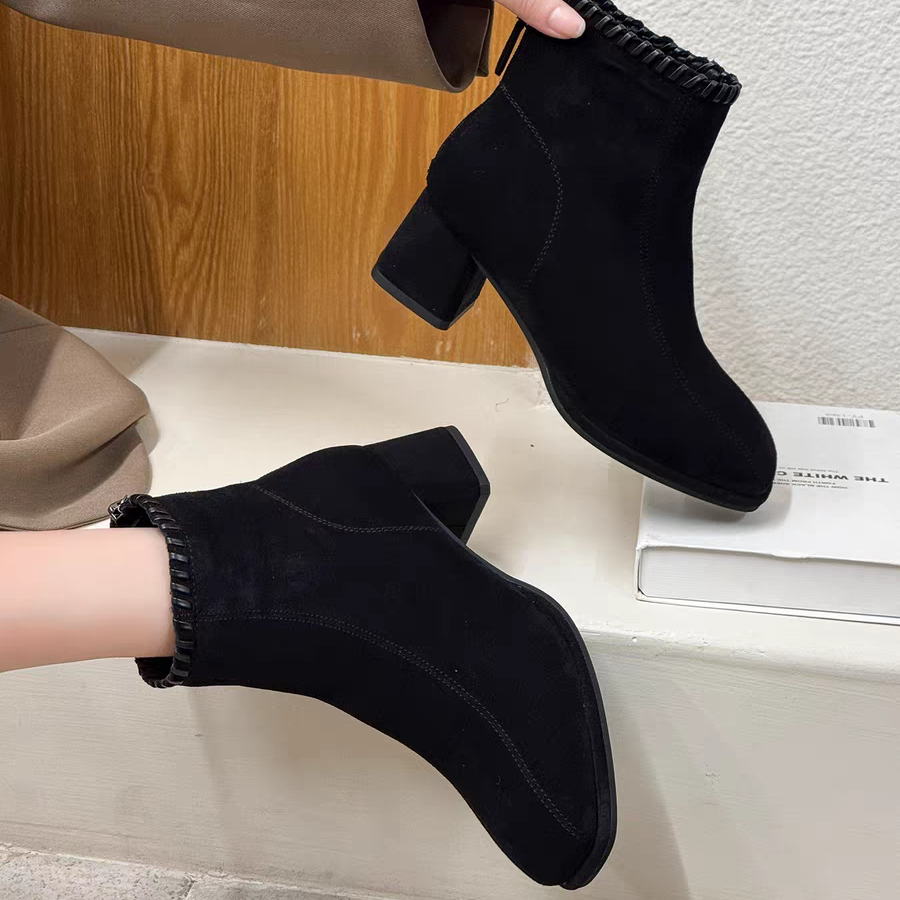 DW026【+运费补贴】法式方头气质瘦瘦靴女新款秋冬粗跟裸靴百搭短靴