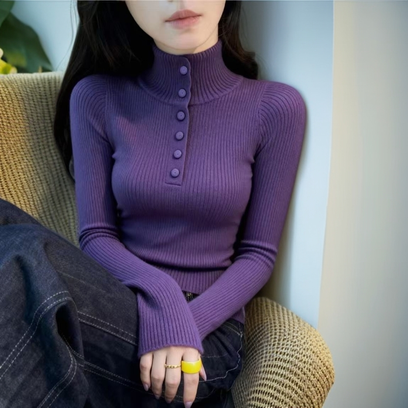 新款韩版保暖打底针织衫秋冬修身高领简风毛衣外穿立领宽松上衣