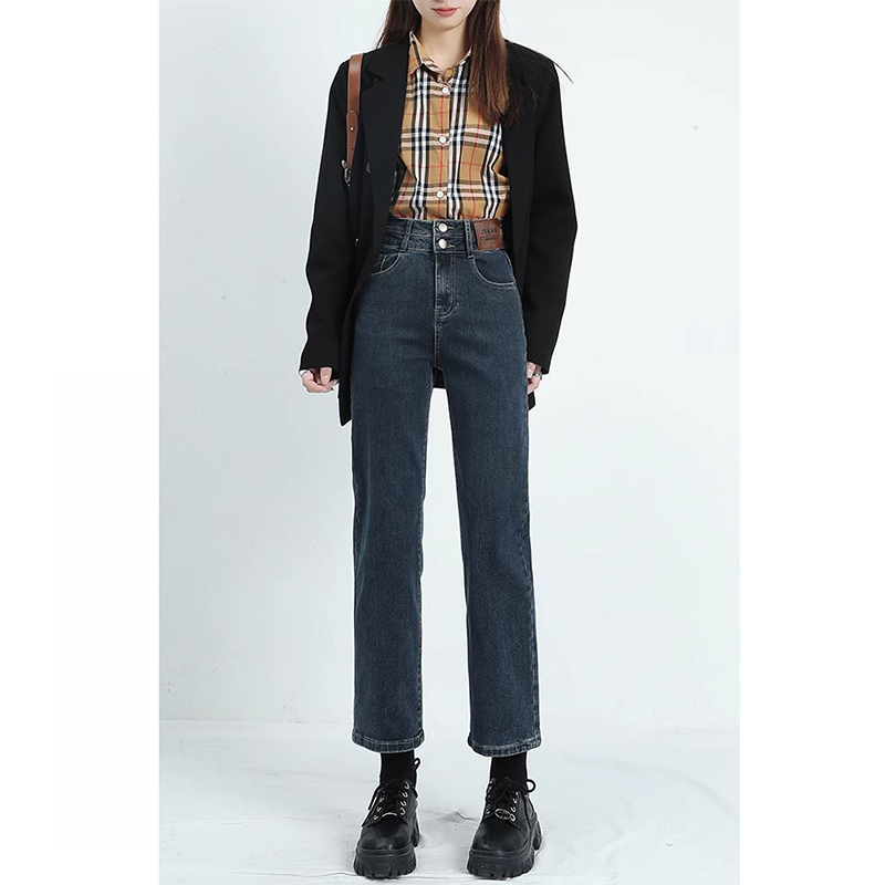 QiQi加绒加厚蓝色牛仔裤女2025秋冬高腰烟管裤弹力显瘦直筒裤