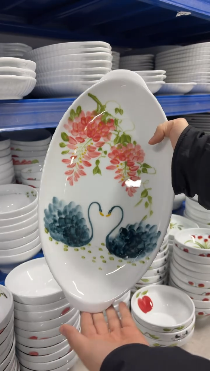 景德镇高温陶瓷食品级手绘釉中彩-双耳鱼盘