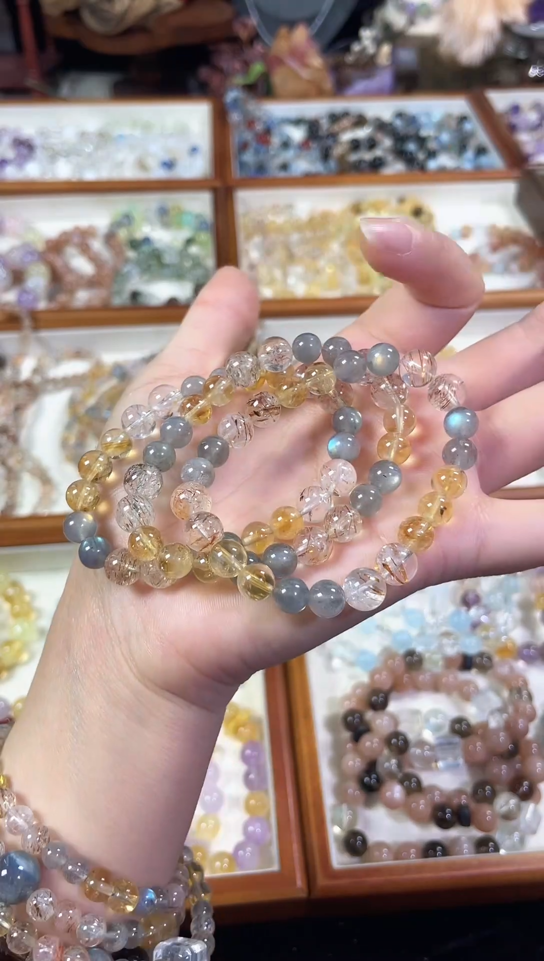 未镶嵌手串水晶月牙】天然黄塔晶黑金超七灰月光手串