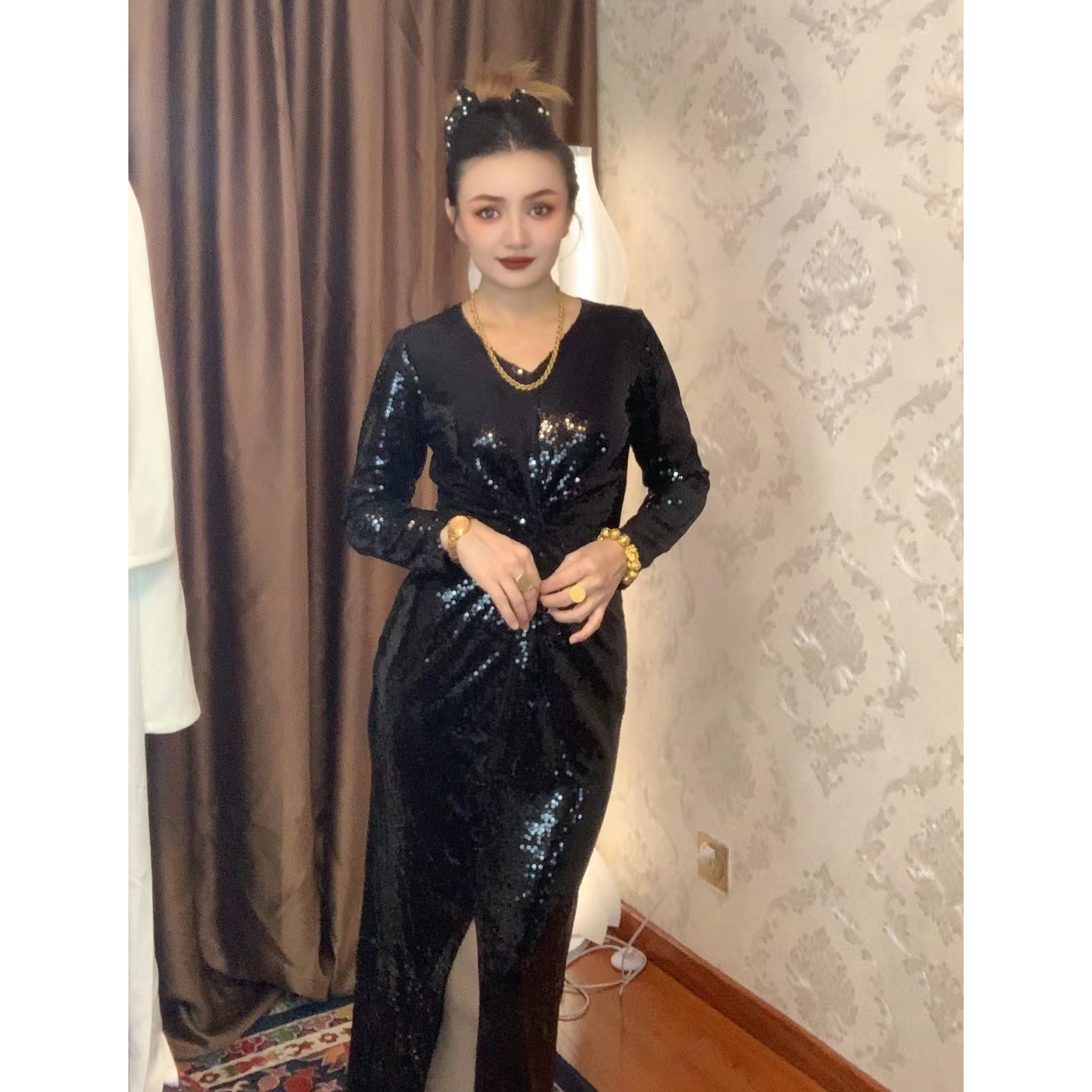 2025新款气质时尚长袖显瘦网红修身连衣裙