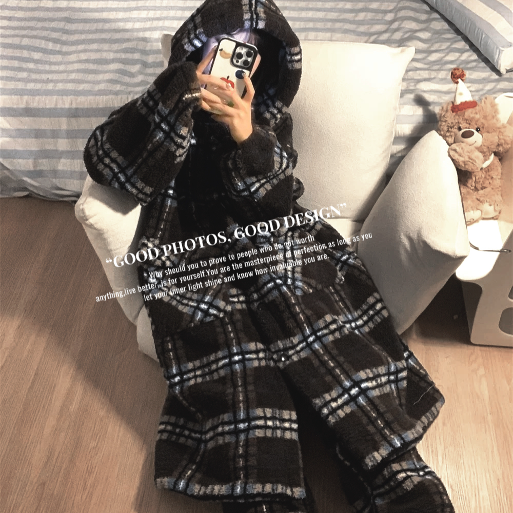 132-冬季女款黑复古格连帽袍+裤家居服套装