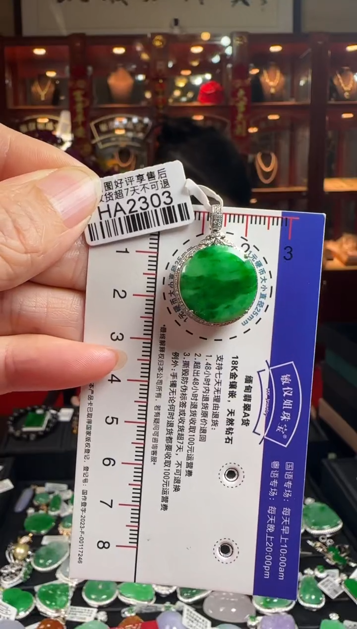 【闪购商品】翡翠颈饰18K金镶嵌HA2303冰辣绿无事牌