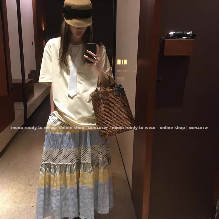 MONA 100棉 简约休闲气质宽松 领带短袖T恤上衣女 2025夏季新款