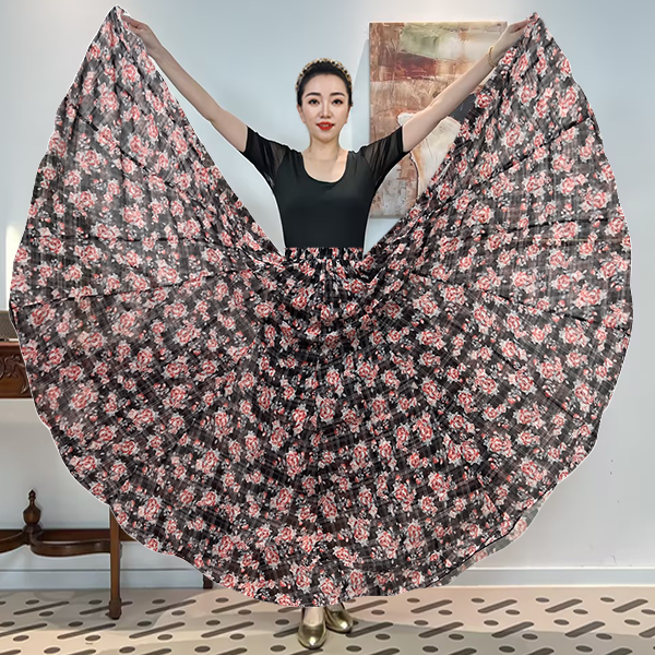 A《条格红玫》混纺纱满铺印花半身裙/720°带衬裙