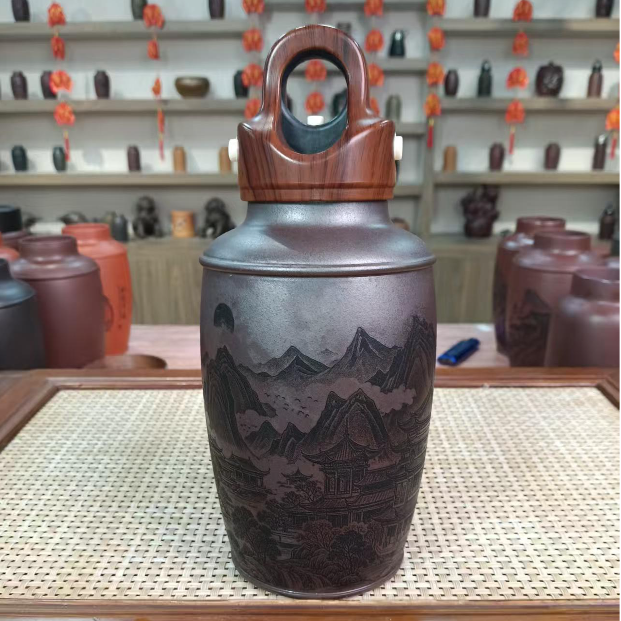 预 柴烧刻绘山水图 紫砂便携杯 紫砂柴烧养生杯