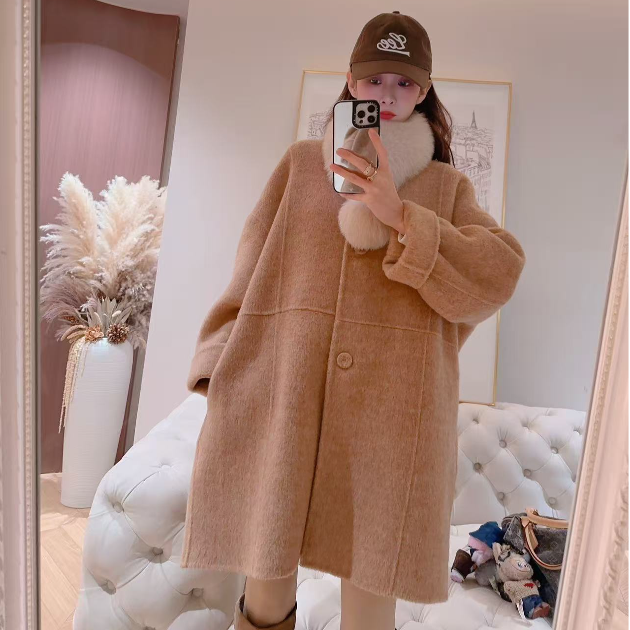 【LACUS  MA】设计师原创牦牛绒羊毛双面呢狐狸毛领女长款外套91138