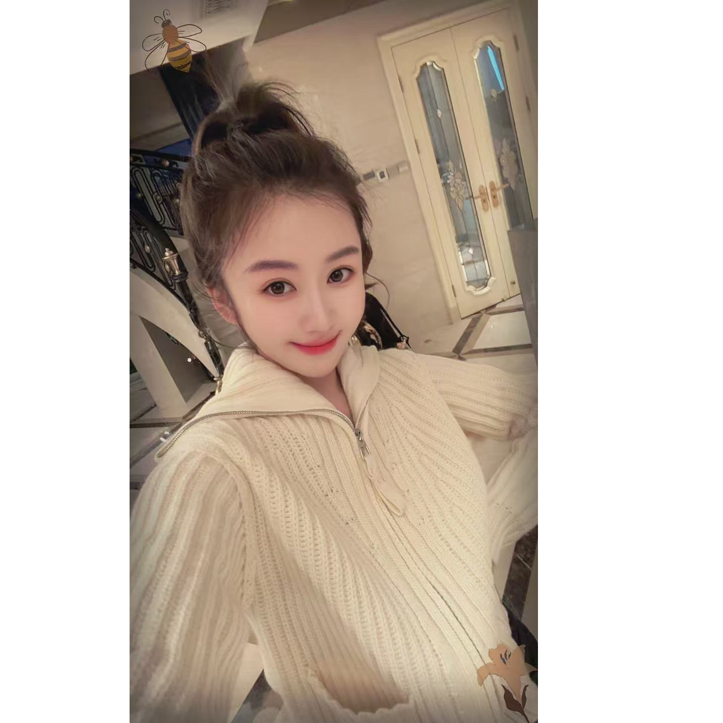 Syna希娜 100绵羊毛翻领拉链双口袋针织开衫