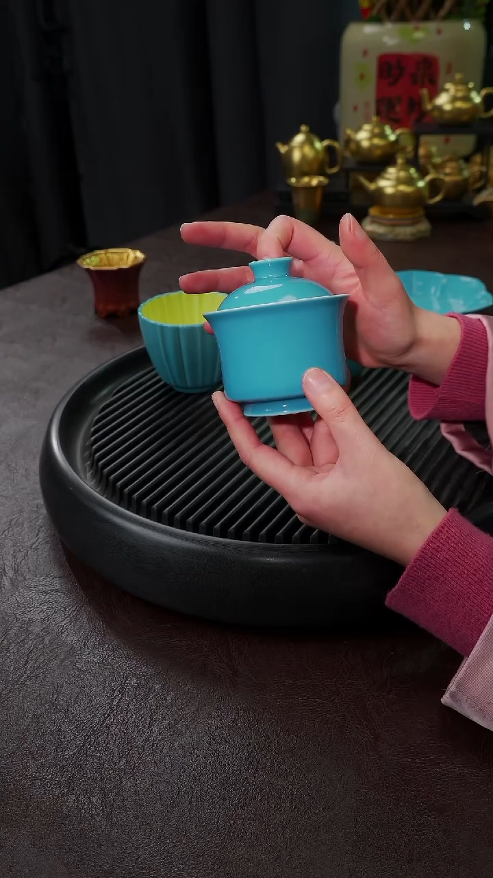 【闪购商品】杯【宜景窑松石蓝】马蹄盖碗