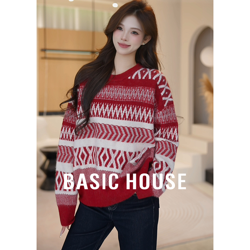 Basic House/百家好冬季费尔岛风休闲宽松针织开衫B1195B54H02