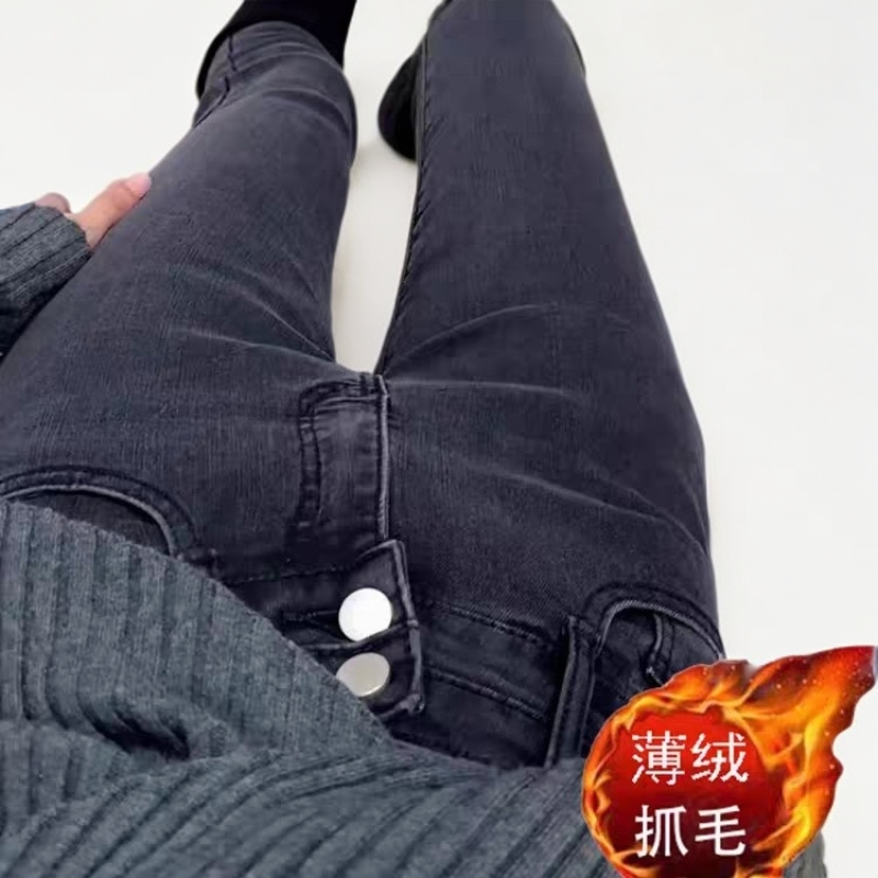 （薄绒）TD598 黑灰色高腰弹力小脚裤铅笔牛仔裤