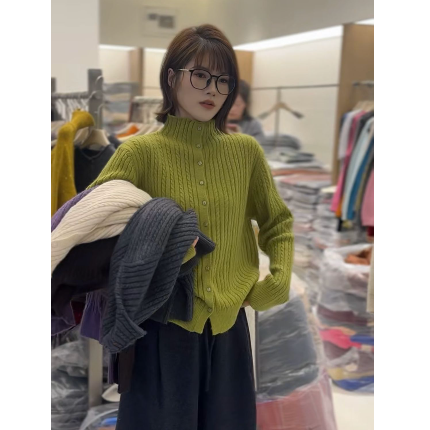 【运费补贴】绿色欧货气质针织开衫女毛衣外套单排扣宽松上衣