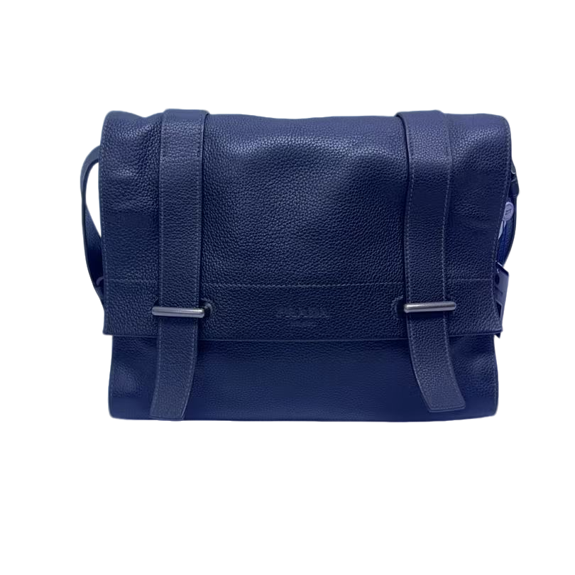 95新 Prada/普拉达 普拉达经典全皮黑色双扣翻盖邮差包（917）