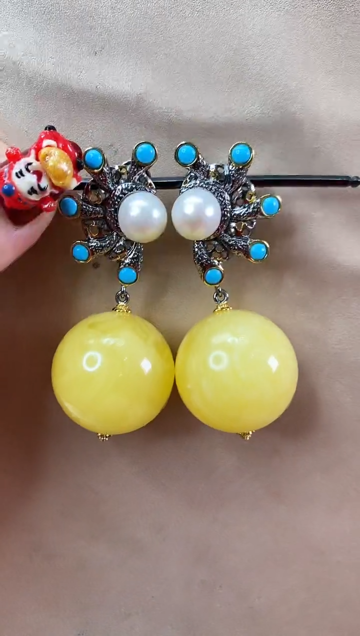 【闪购商品】琥珀耳饰银S925镶嵌耳环