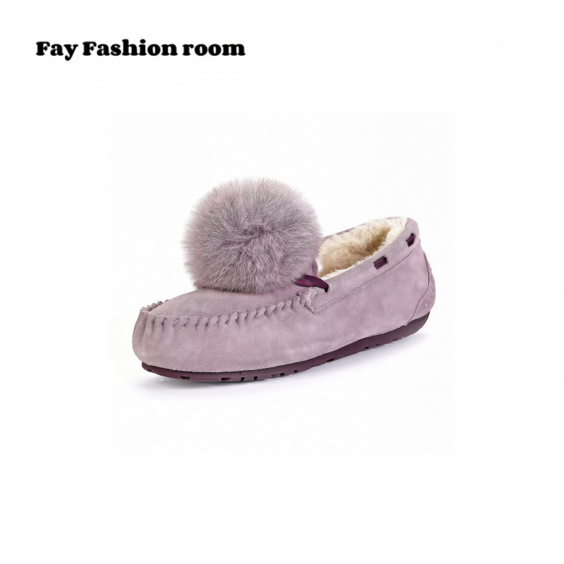 FAY| 暖美人系列狐狸毛球百搭平底豆豆棉鞋软底防滑纯加绒