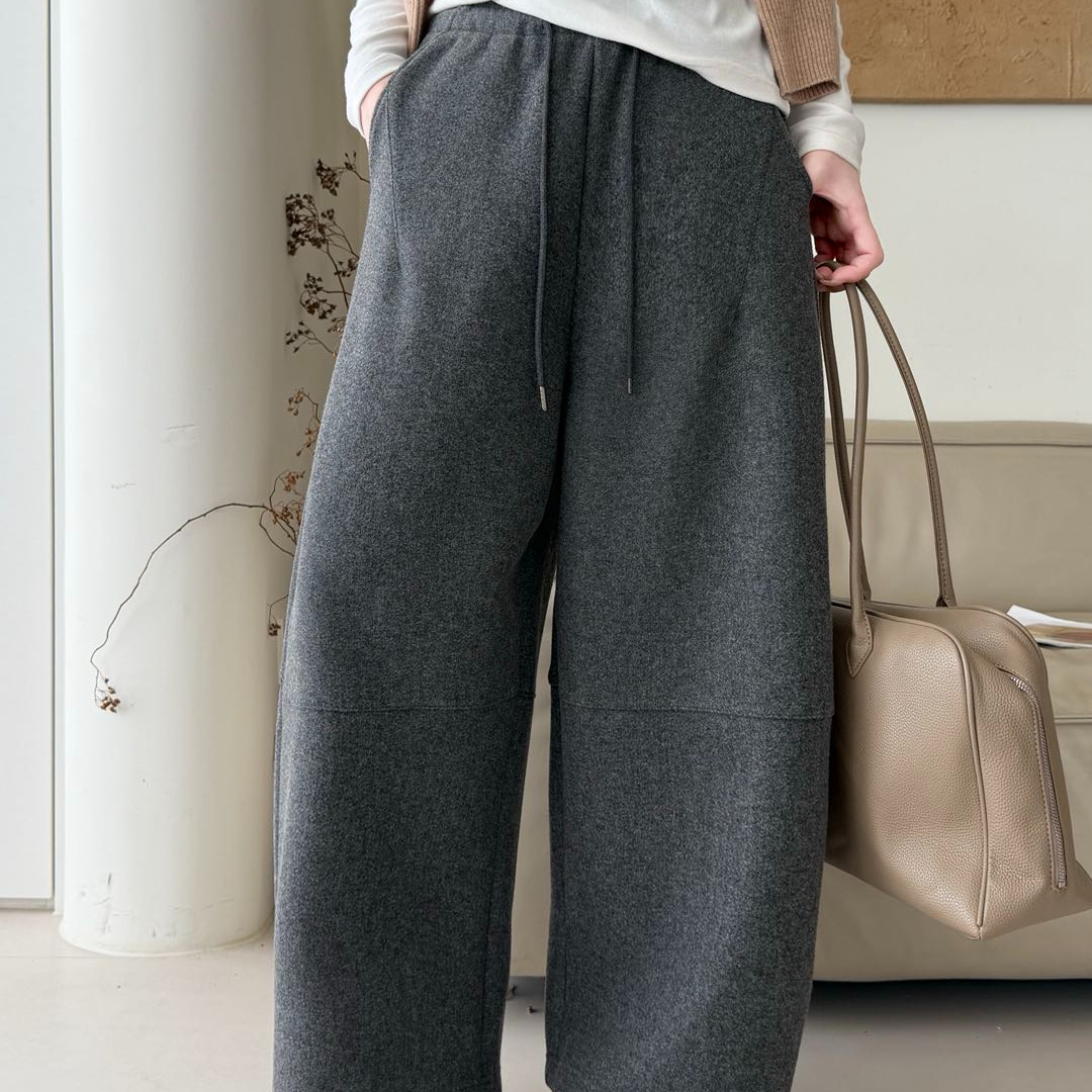 女士冬季休闲百搭阔腿弯刀羊毛长裤（25021）
