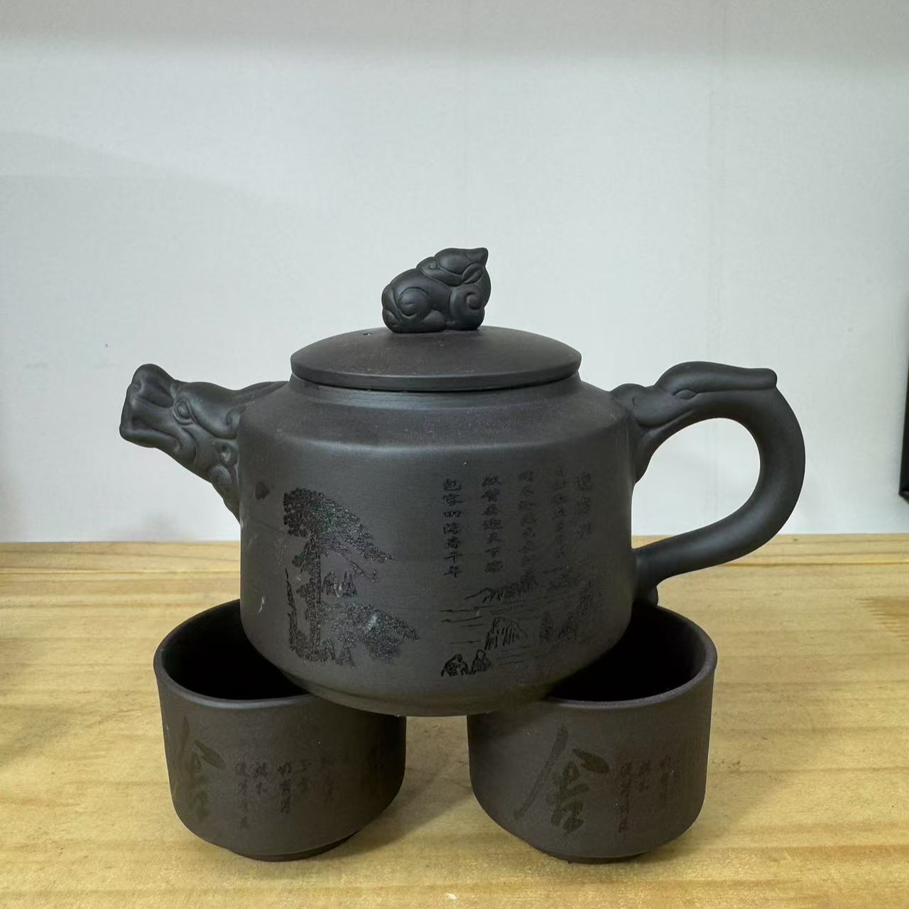 紫砂迎客松茶壶220cc凤鸣壶一壶两杯